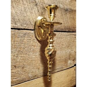 Vintage Solid Brass Taper Candle Wall Sconce - 1970s/1980s Colonial Swirl